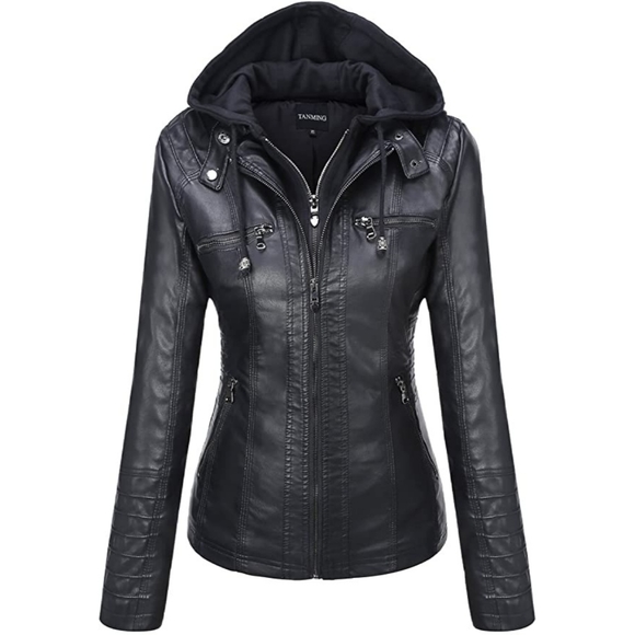 Tanming Jackets & Blazers - New! Tanming Women's Black Removable Hooded Faux Leather Jackets Size 2XL